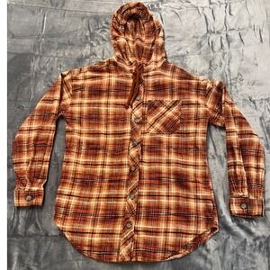 Maurices Boyfriend Shirt Womens Multicolor Cabin Plaid Flannel Hooded Button Up